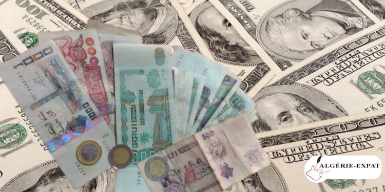 Montage photo : Billets de banque dollar américain et dinar algérien
